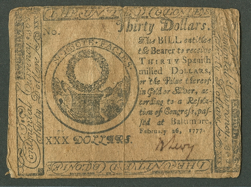 CC-62, Baltimore Maryland $30 Continental Note of Feb. 26, 1777, Signed by Ben Levy